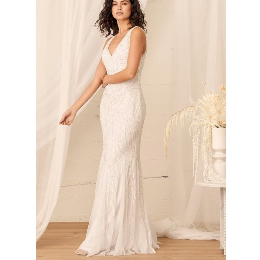 Lulu's White Beaded V-Neck Wedding Dress - Picture 6 of 10